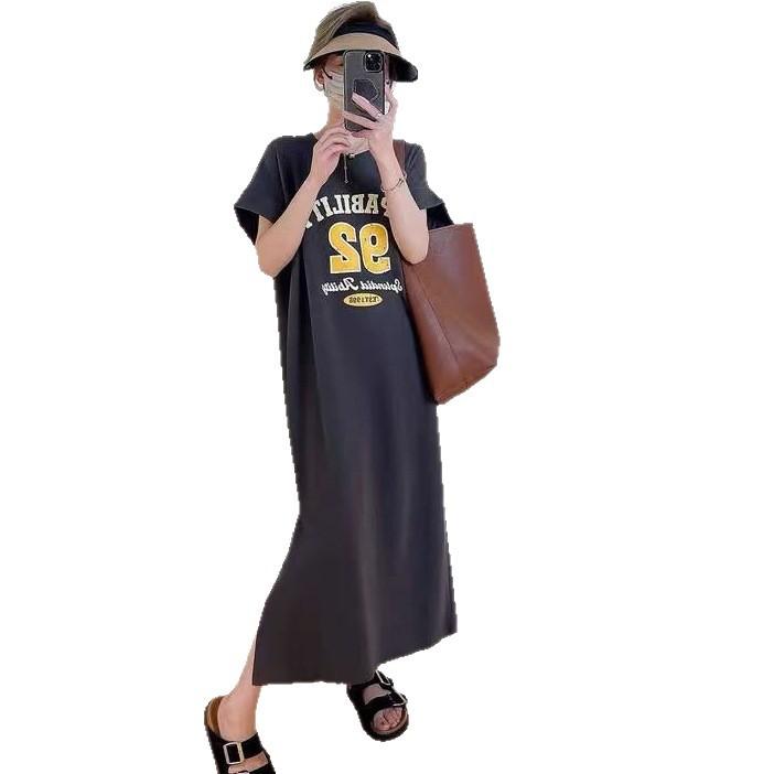 2026 New Korean Version T-shirt Skirt Short-sleeved Large-size Women's Fat Mm Loose Casual Large-size Belly-covering Long Dress