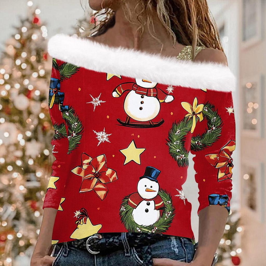 Kadın Günlük Uzun Kollu Omuzdan Askılı Noel Baskılı Peluş Moda Üst