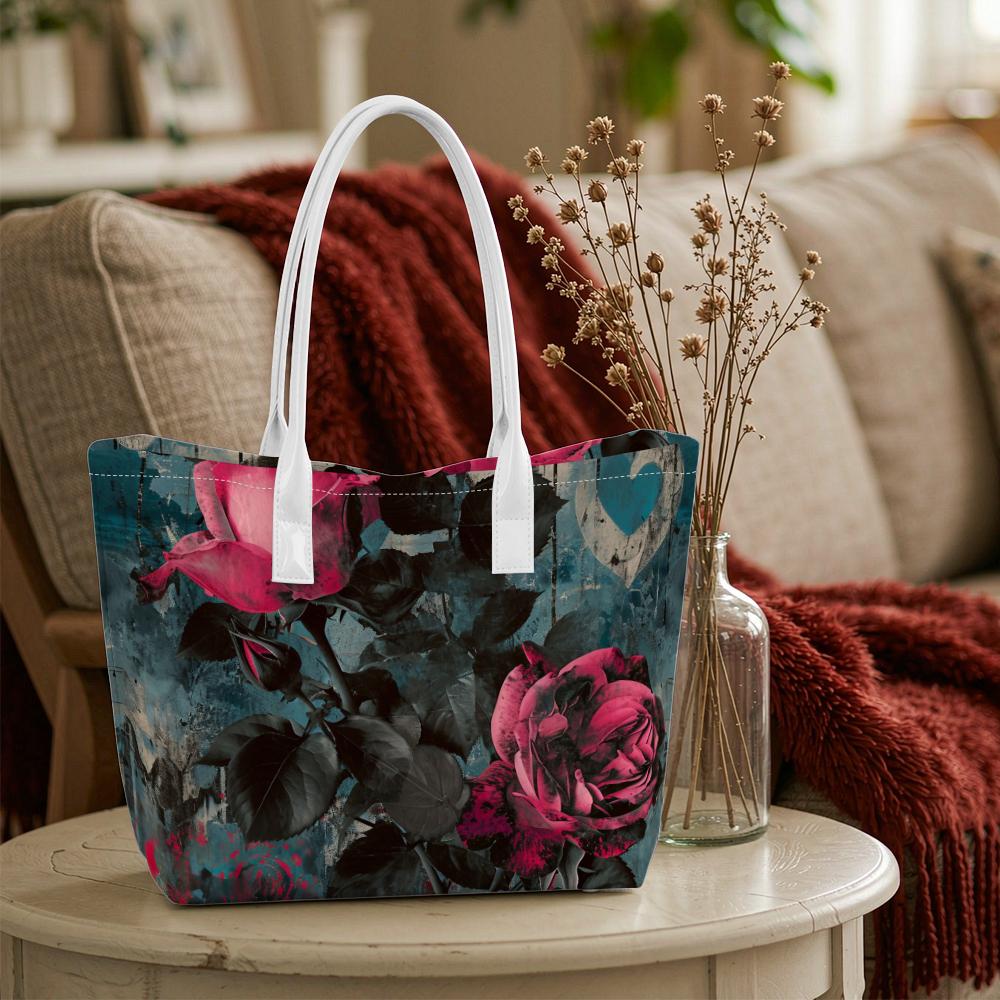 Vintage Rose Print Tote Bag Stylish Daily Carry Handbag for Women Casual Versatile Shoulder Bag
