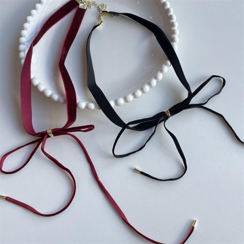 Stylish Long Bowknot Choker Black/Wine Necklace Lady's Trendy Velvety Clavicular Chain Chic Choker Neck Jewelry