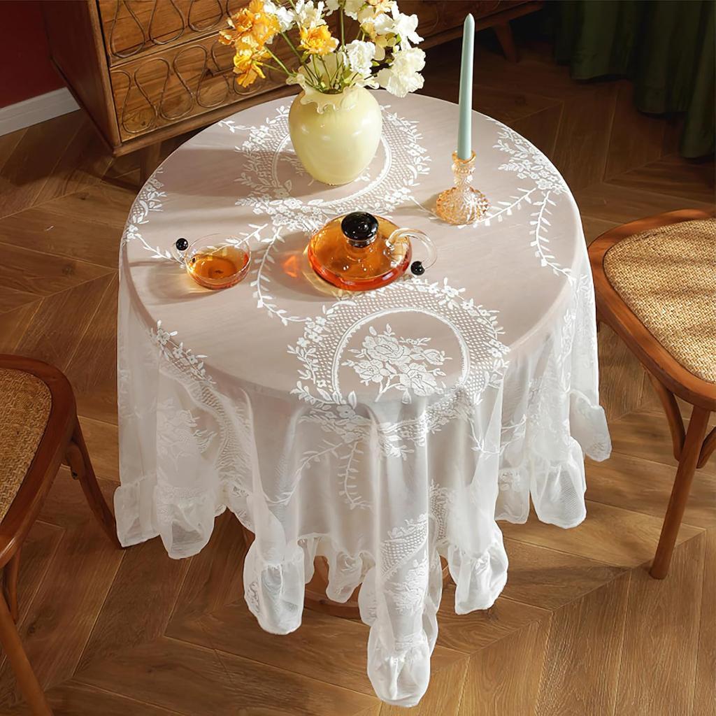 White Lace Square Tablecloth with Flowers, Chic Elegant Overlay Ruffles Table Cloth, French Vintage Embroidered Table Cover Table Protector for