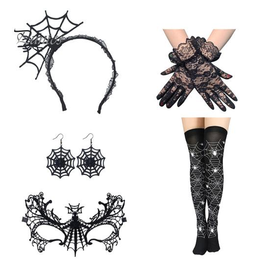 Spinnennetz-Motto Partyzubehör Halloween-Kostüm für Damen Schwarzes Spitzen-Stirnband Choker Handschuhe Feiertagsdekorationen Umhang Maske Oberschenkelhohe Lange