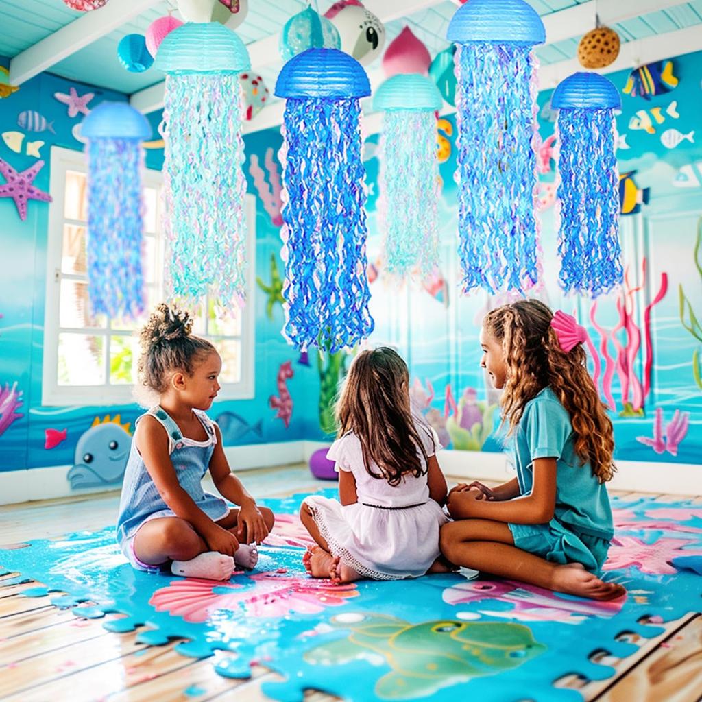 10"Blue Hanging Jellyfish Paper Lanterns - Under the Sea Party & Mermaid Birthday Decorations,Nautical Events, Ocean Theme Classroom,Beach Room Decor