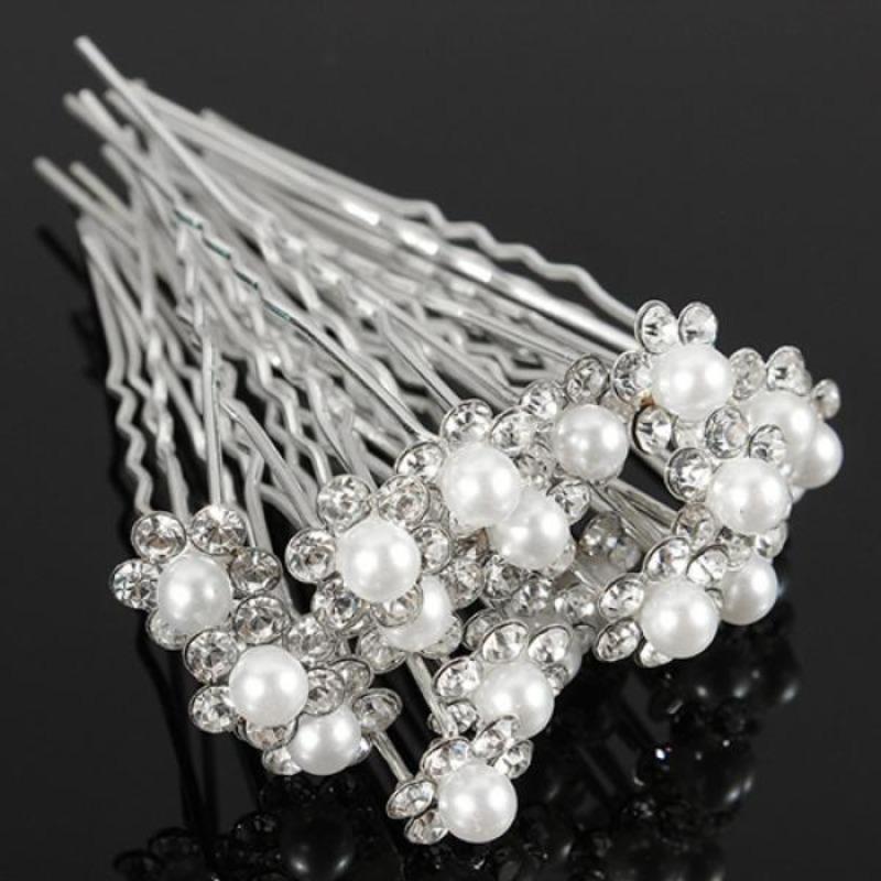 20Pcs Wedding Bridal Faux Pearl Rhinestone Flower Hair Stick Pins Clips Silver Color Jewelry
