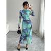 Europe, America 2026 Summer New Stand-up Collar Slim and Thin Tie-dye Ink Painting Long-sleeved Dress Women