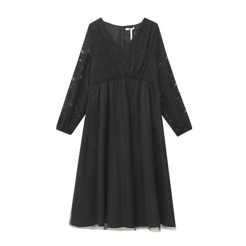 

Plus Size Lace Mesh Patchwork Dress - Long Sleeve V-Neck for Spring/Autumn 3XL for 160-185 jin