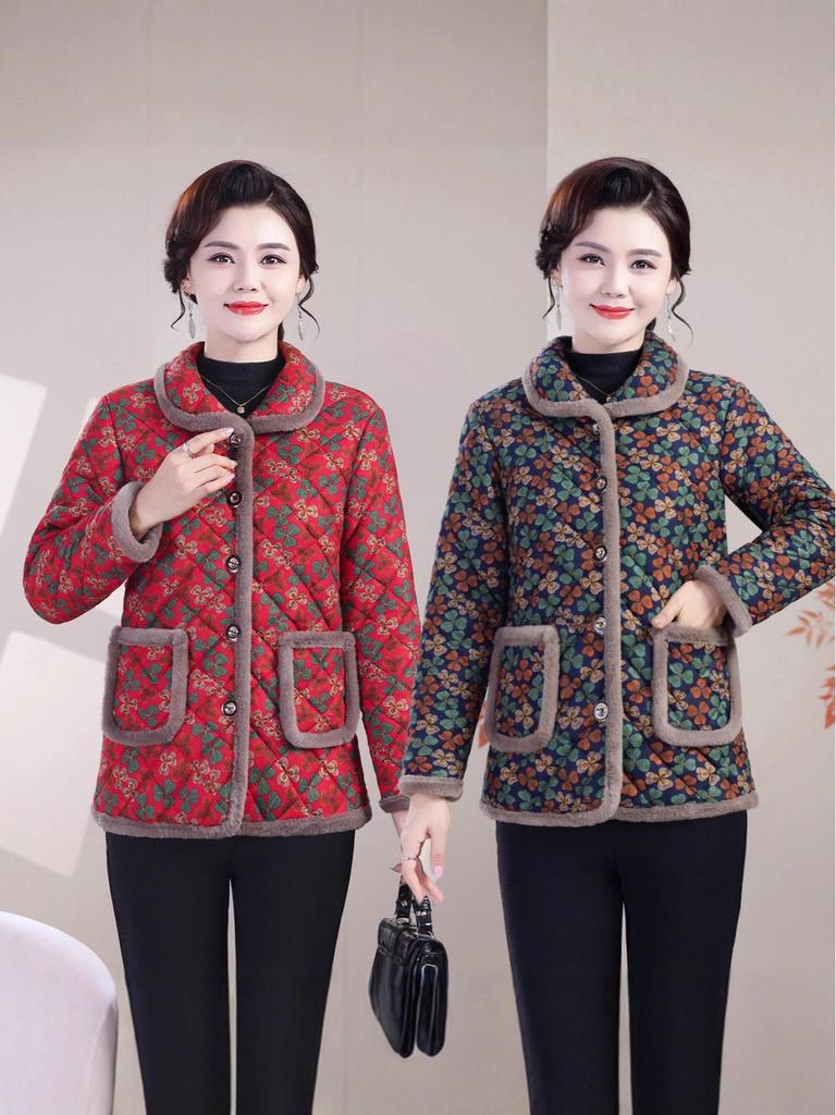 Warm Floral Cotton-Padded Jacket for Middle-Aged & Elderly Women - Fleece-Lined, Turn-Down Collar, Thickened Winter Coat