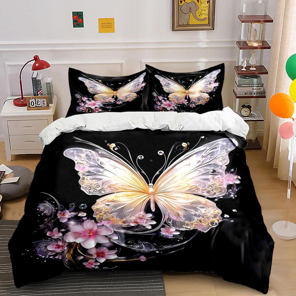 Sparkling Butterfly With Pink Flowers Duvet Cover Set With 3D Printing Design Soft Polyester Bedding Set All-Season Comfort