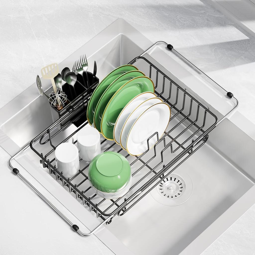 Expandable Dish Drying Rack for in-Sink, Over-Sink, and Counter Use, Dish Drainer with Removable Cutlery Holder, Space Saving & No Assembly Needed