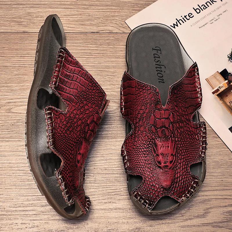 Fashion Crocodile Pattern Men's Summer Flats Breathable Sandals Male Leather Slippers Comfortable Slip-on Half Shoes Cool Casual Slides
