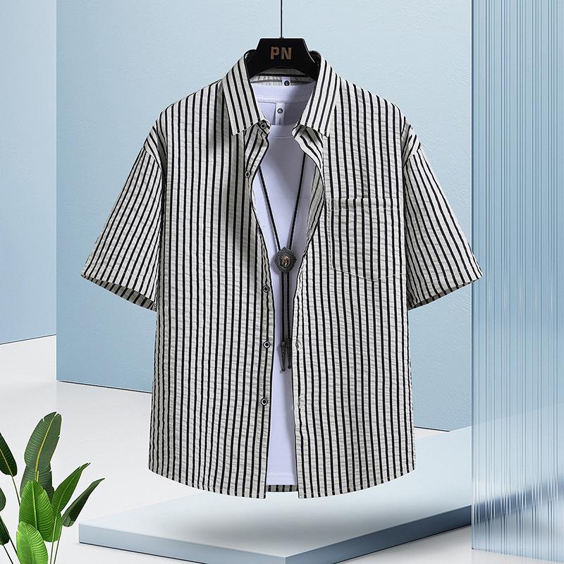 

Мужская летняя тонкая дышащая рубашка в полоску с коротким рукавом, мужской повседневный топ однотонной расцветки с коротким рукавом S