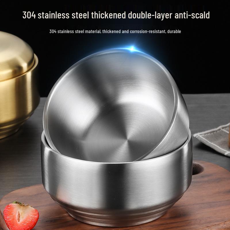 304 Stainless Steel Double-Layer Rice Bowl with Lid - Children's Anti-Scald Insulated Soup & Kimchi Dish, Korean Tableware.