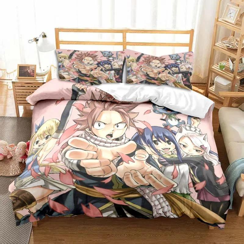 3D Anime Fairy Tail Bedding Set Bed Three-piece Set Duvet Cover Single Double Bed Queen Size Duvet Cover Set Adult Kid's Bedroom Tool