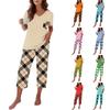 Women Casual Loose Fit Short Sleeve T Shirt and Capri Pants Pajama Set V Neck Top with Pocket Printed Lounge Wear Set