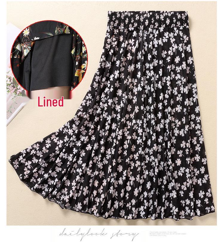Women's Summer Midi Skirt with Lining - Elegant Swing Ice Silk for Middle-Aged and Elderly