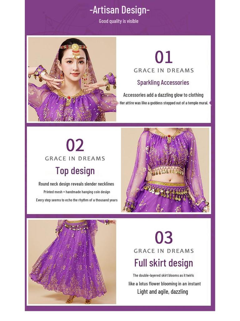 Fantasia de Apresentação de Dança do Ventre Indiana Huayu - Conjunto de Vestido de Manga Comprida de Chiffon para Mulheres