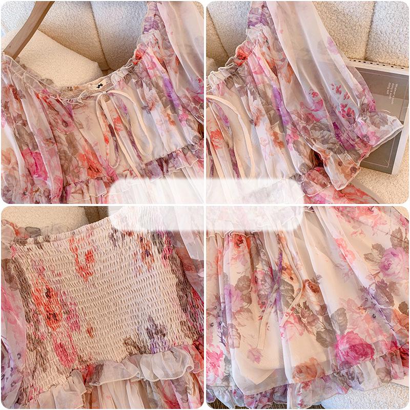 Summer Plus Size WoMan's Ruffled Chiffon Shirt Floral Short-sleeved Large Neckline Loose Chic Blouse Sweet Style