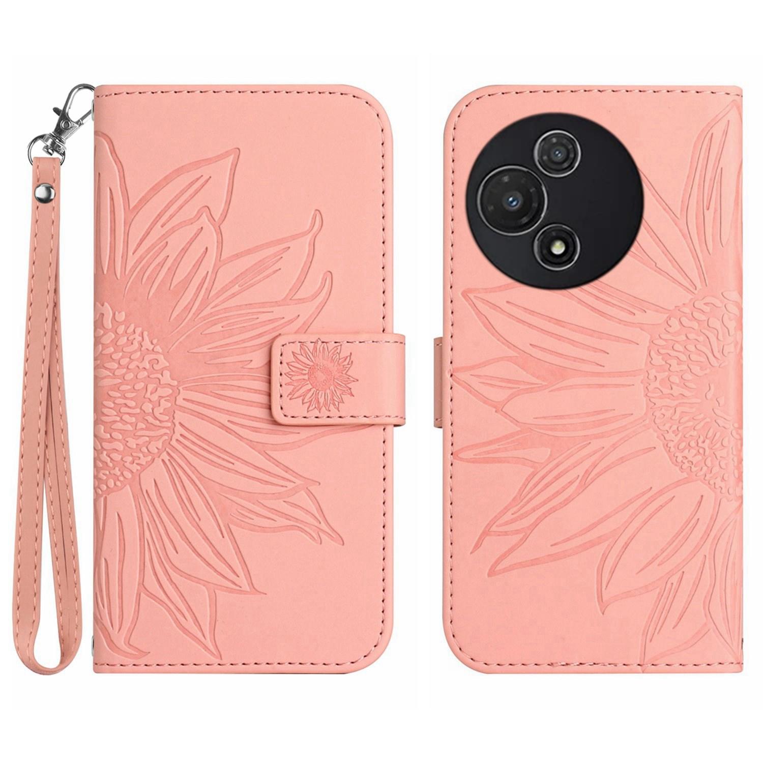 

For TCL 60R 5G Case Sunflower Imprint Leather Wallet Phone Cover with Wrist Strap Pink