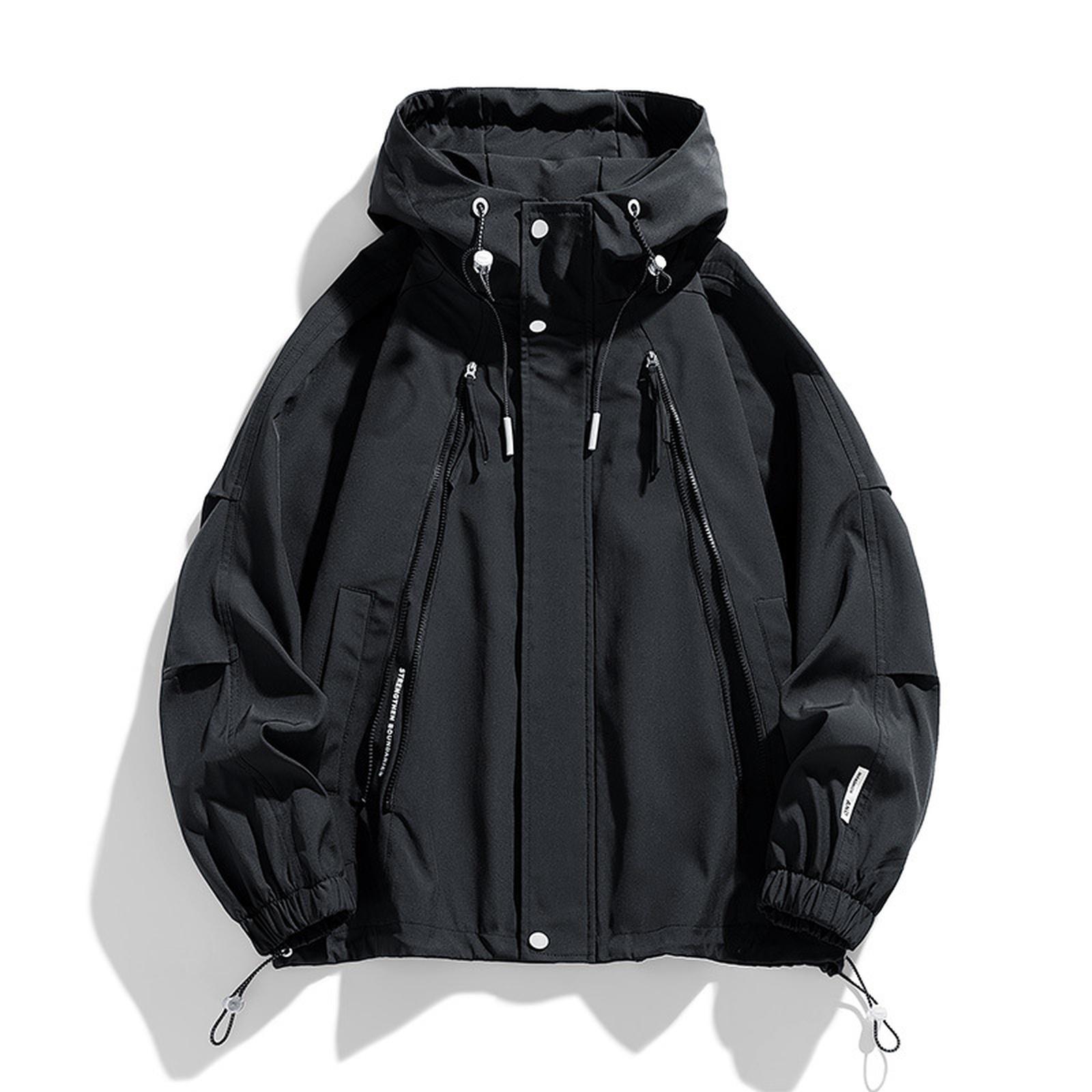 

Мужская куртка свободного кроя с несколькими карманами, модная и универсальная однотонная куртка с капюшоном XL чёрный