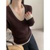 Women's Retro Color Block Layered Knit Sweater - Autumn/Winter U-Neck Korean Style Top