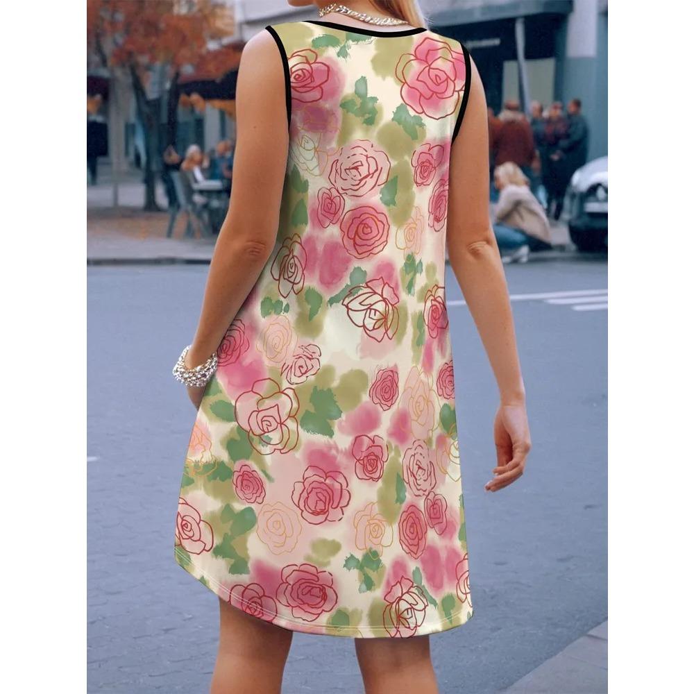 Robe d'été sans manches grande taille pour femme, motif floral 3D, col rond, longueur genou, sans poche, coupe ample, douce