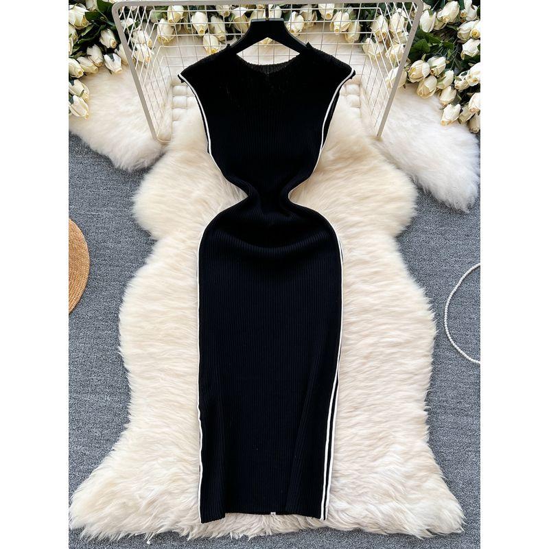 Temperament Goddess Style Fancy Knitting Dress Female Stylish Niche Style Silm Slim Looking Temperament Contrast Color Bodycon Dress
