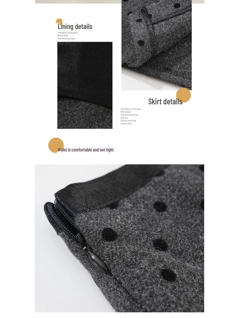 2025 Korean Grey Polka Dot Wool A-Line Skirt: Women's Autumn/Winter Straight Cut, Mid-Length with Back Slit