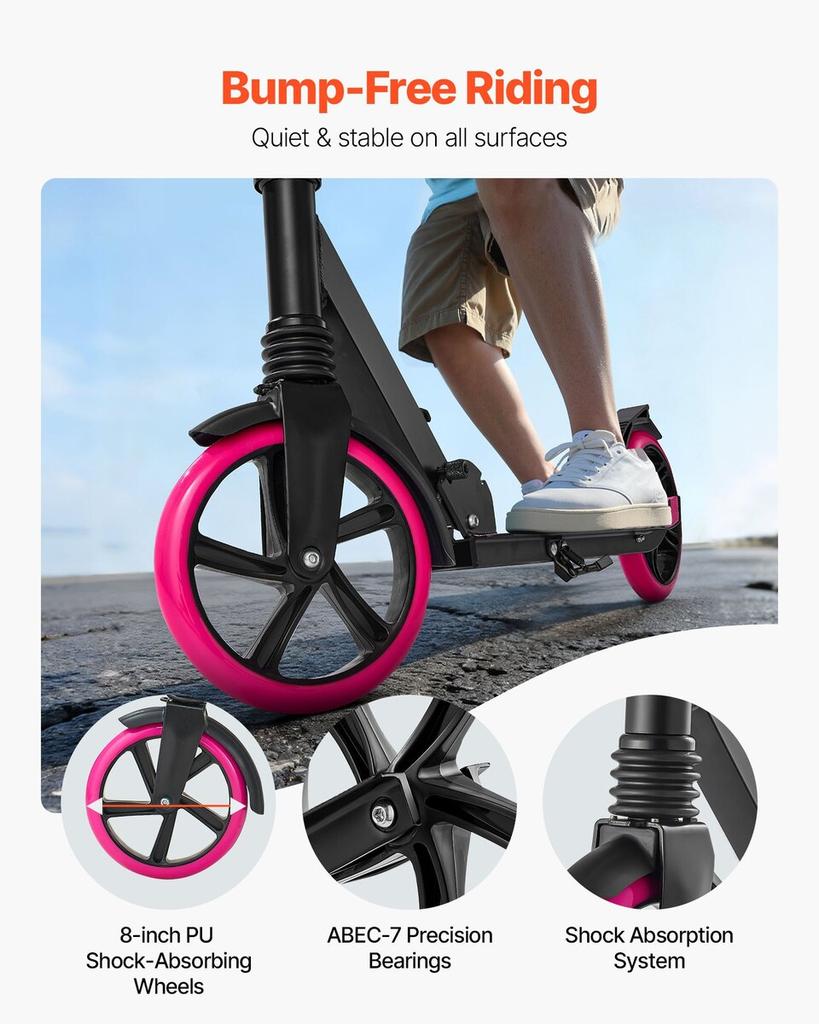 Kick Scooter for Kids Ages 8+, Teens & Adults, 2-Wheel Toddler Scooter with Adjustable Height Handlebar, Wide Anti-Slip Deck, Foldable Lightweight