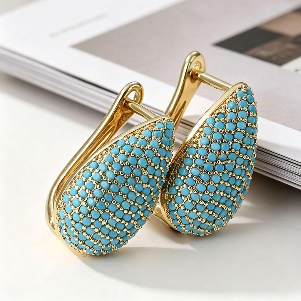 Yanbai Fashion Turquoise Geometric Oval Hoop Earrings with Zirconia - Light Luxury European & American Style