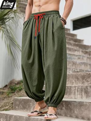 Leichte Herren Freizeithosen im Haremsschnitt - Knöchellang Bündchen Einfarbige Lockerer Sitz Übergröße Kordelzug Elastischer Bund Boho Strandstil Hose in Einfarbig