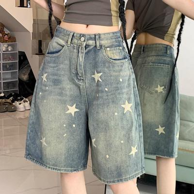 American Retro Washed Star Denim Shorts für Damen im Sommer, gerades Bein, lockere Passform, schlankmachende und weite Bein-Fünfviertelhosen im Trend