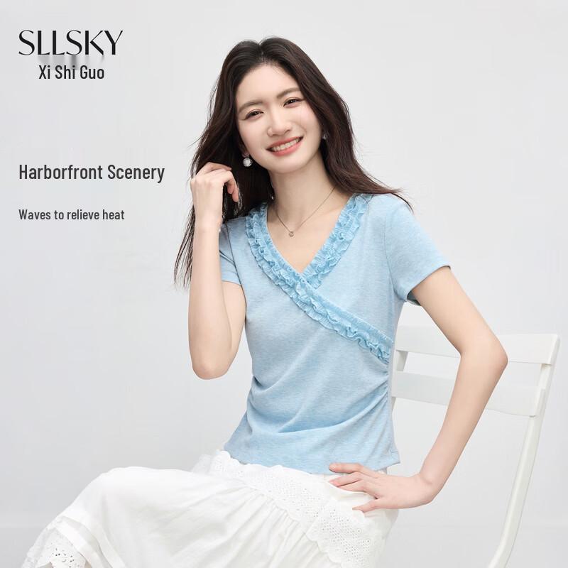 sllsky Women s Ruffle Trim V-Neck Short Sleeve T-Shirt 2XL