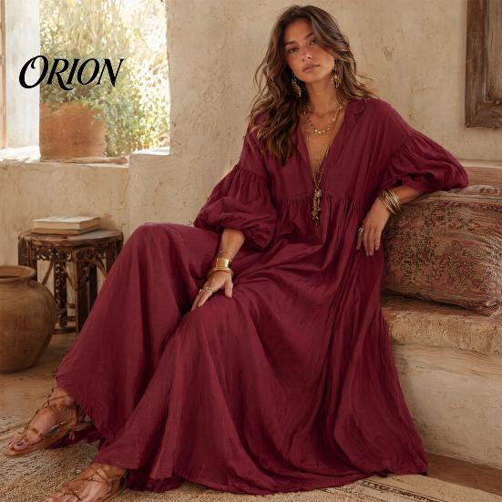 Comfortable Women Dress Women's Deep V Neck Maxi Dress, Puff 3/4 Sleeve Elegant Casual A-Line Flowy Loose Boho Beach Sundress Versatile