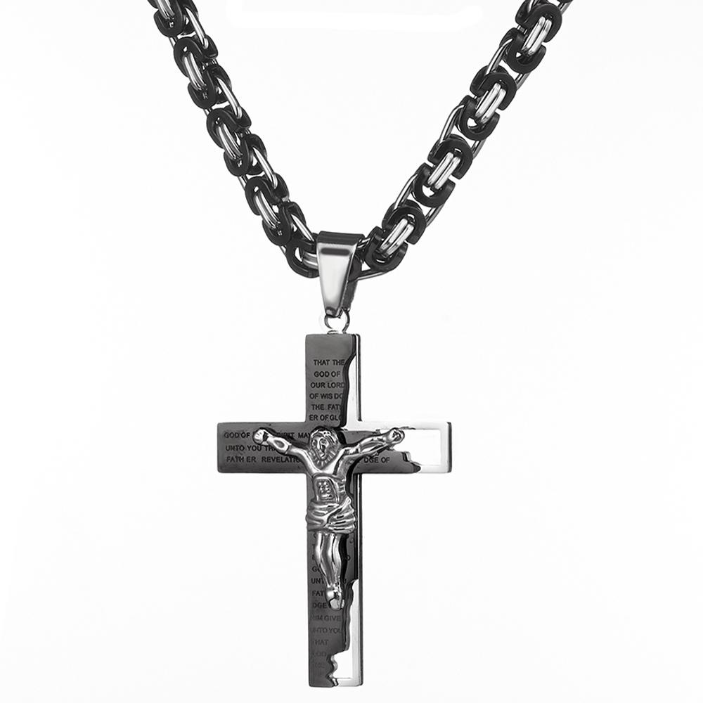 Flache byzantinische Kette für Herren-Halsschmuck, Edelstahl, Silber, Gold, Schwarz, Farbe: Jesus-Kreuz-Anhänger