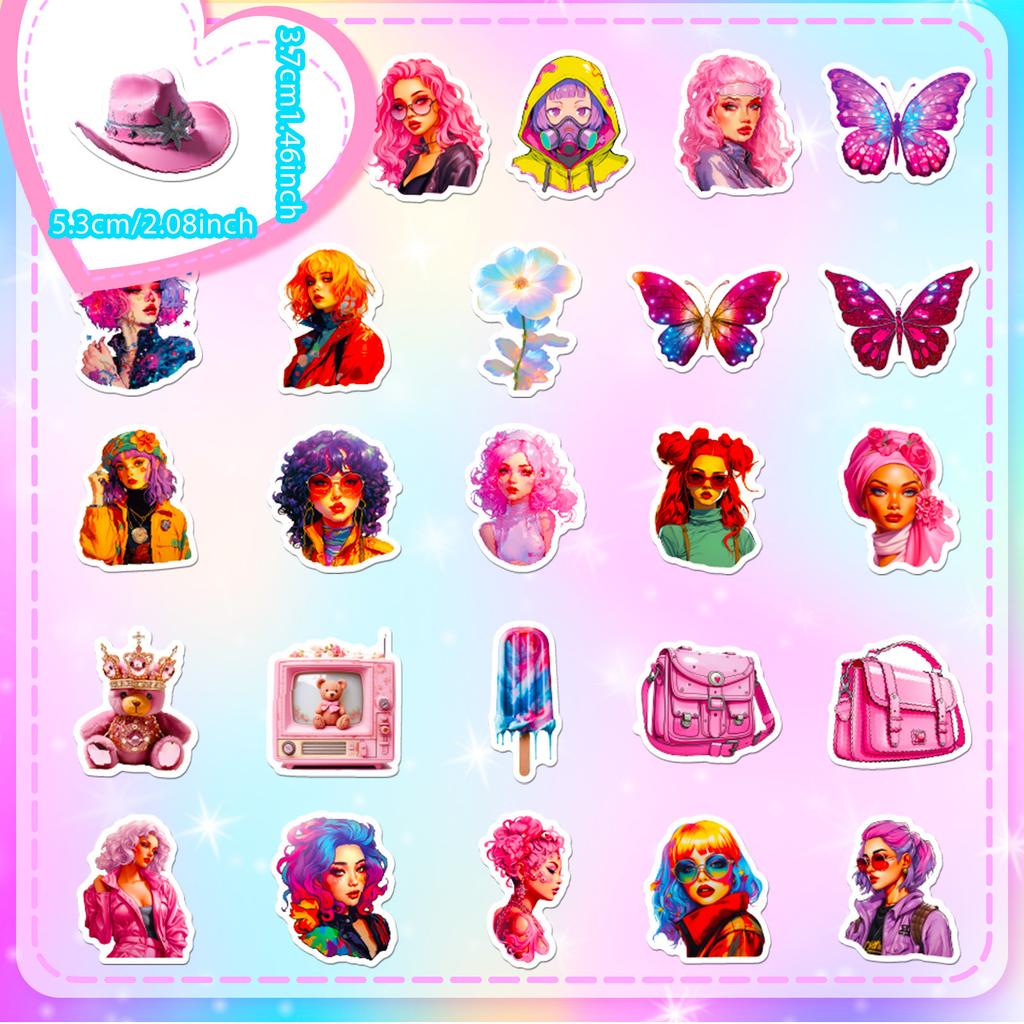 50 Pink Girl Y2K Stickers New Steam Wave Y2K Style Harajuku Girl Kawaii Trendy Toy Stickers