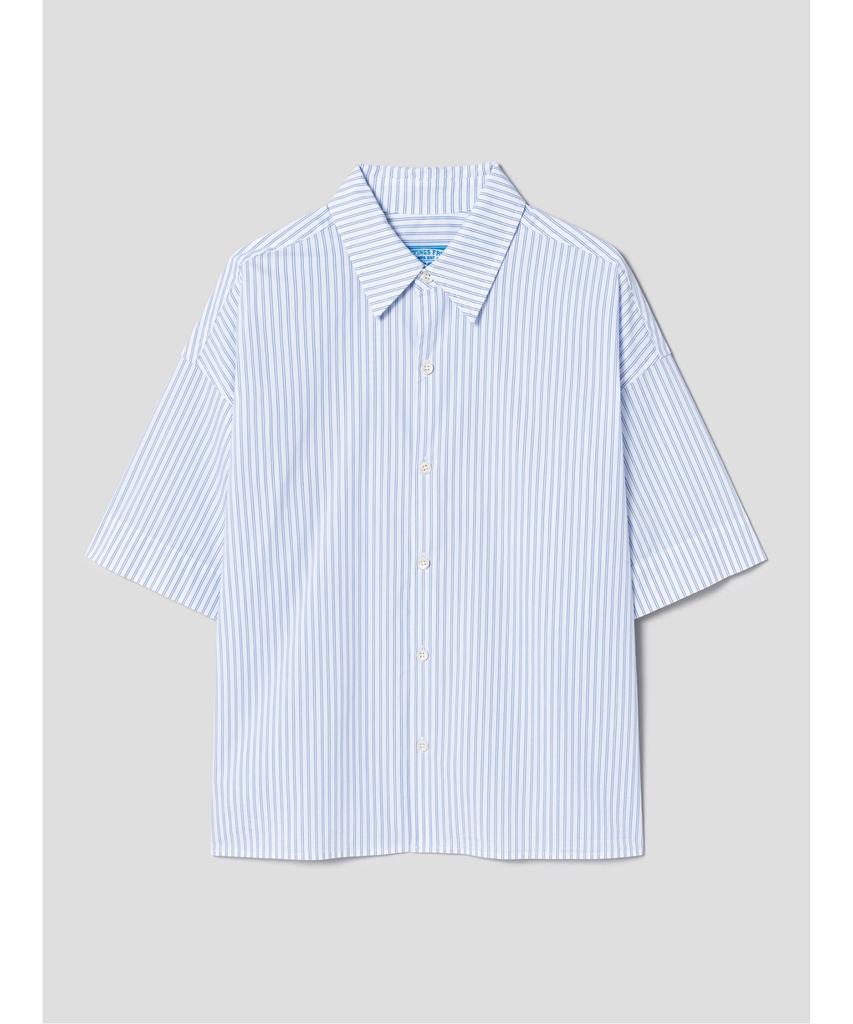 Saendeusaundeu (Unisex) Pinstripe Crop Short Sleeve Shirt Light Blue