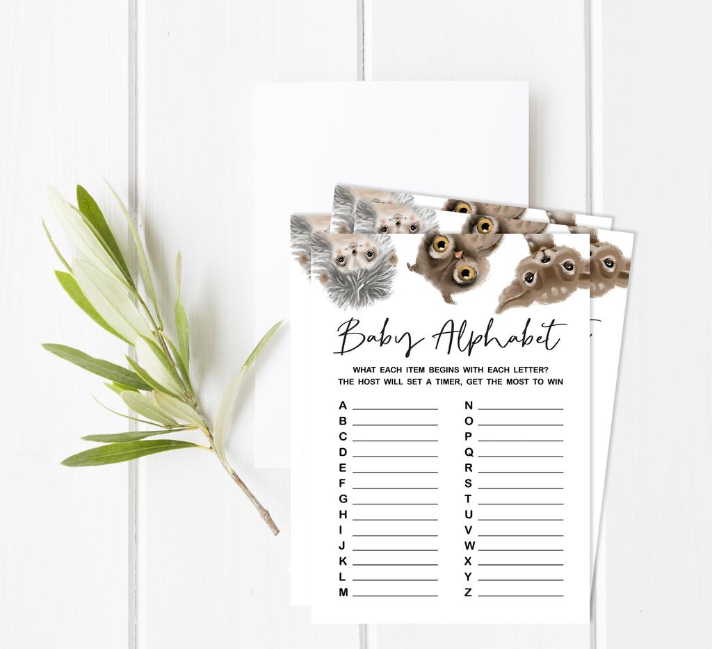 Inkdotpot Baby Shower Game Set Of 50 BabyA  AlphabetA  ABCA  Game Deer,Owl And Hedgehog Jungle Animals Party