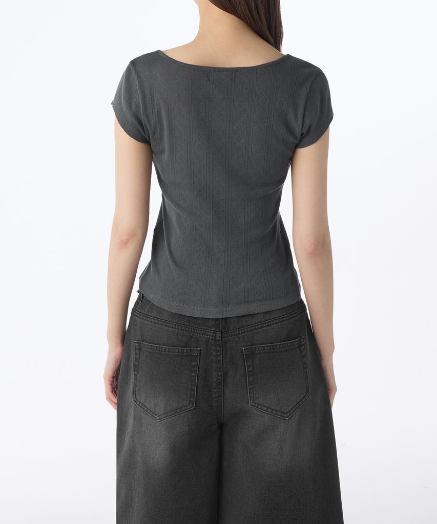 MUSINSA STANDARD WOMAN Women'S Pointel Square Neck Cap Sleeve T-Shirt [Dark Gray]