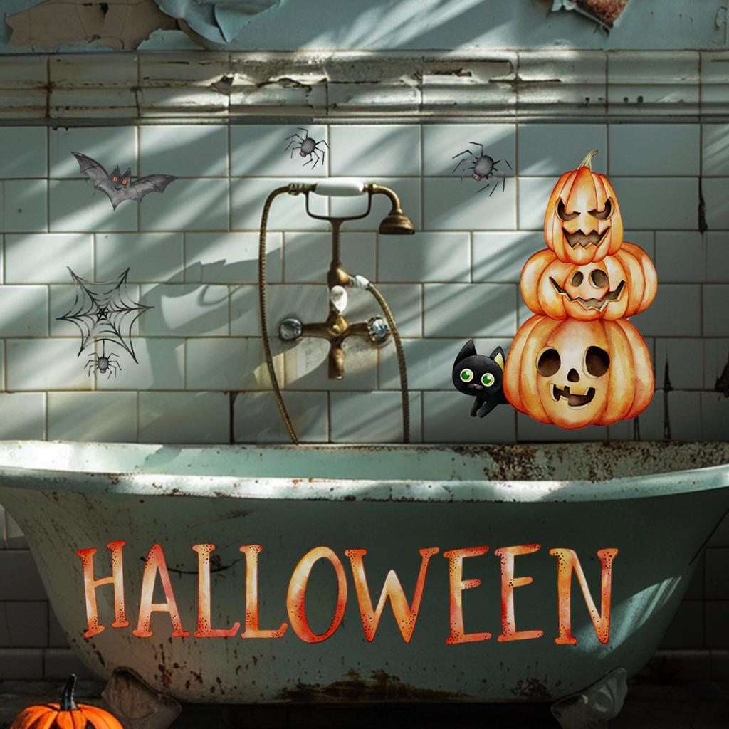 M20042 Hand-Painted Pumpkin Spider Web Bat Black Cat Wall Sticker Halloween Decoration Living Room Bedroom Background Self-Adhesive