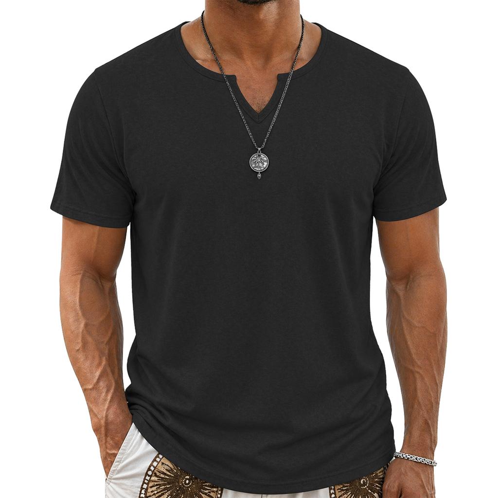Men’s Cotton Short Sleeve V Neck T Shirt Casual Basic Solid Crew Neck Streetwear Spring Summer Comfortable Fit