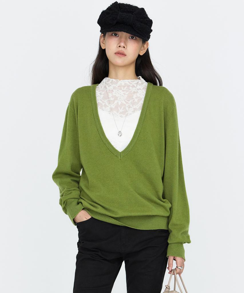 MONGDOL Wool Cashmere Deep V-Neck Knit Top Olive Green Mdkt138Ogreen