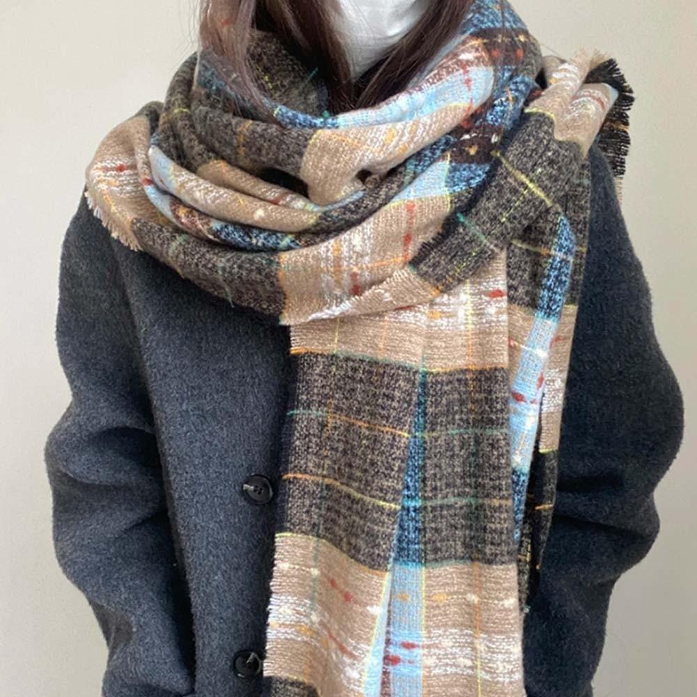 Classic Long Tassel Neckscarf Soft Women Thickened Scarf Soft Plaid Knitted Scarf  Spring