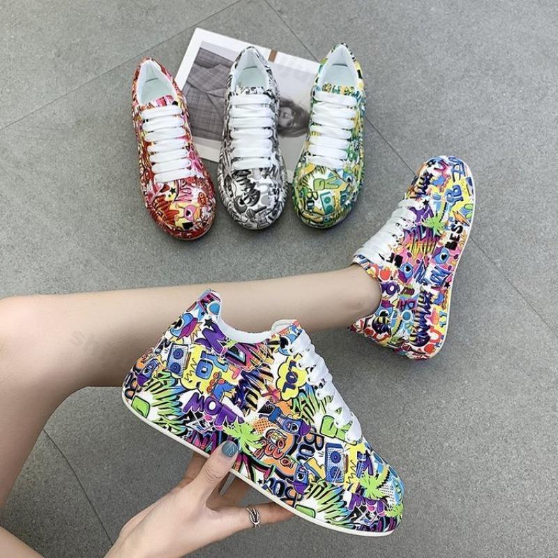 Mode Herbst Damen Freizeit-Sneakers Graffiti Mode Plateau Rutschfeste Dicke Sohle Sportschuh Bequeme Freizeitschuhe Zapatos Mujer