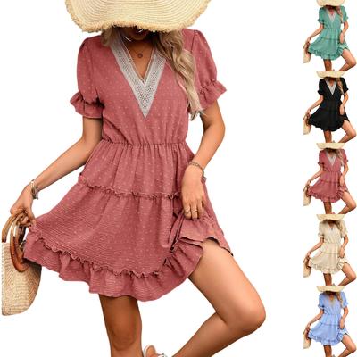Sommarklänning för kvinnor Kortärmad V-ringning Lager med volanger Babydoll Miniklänning Elastisk midja Avslappnad strandklänning