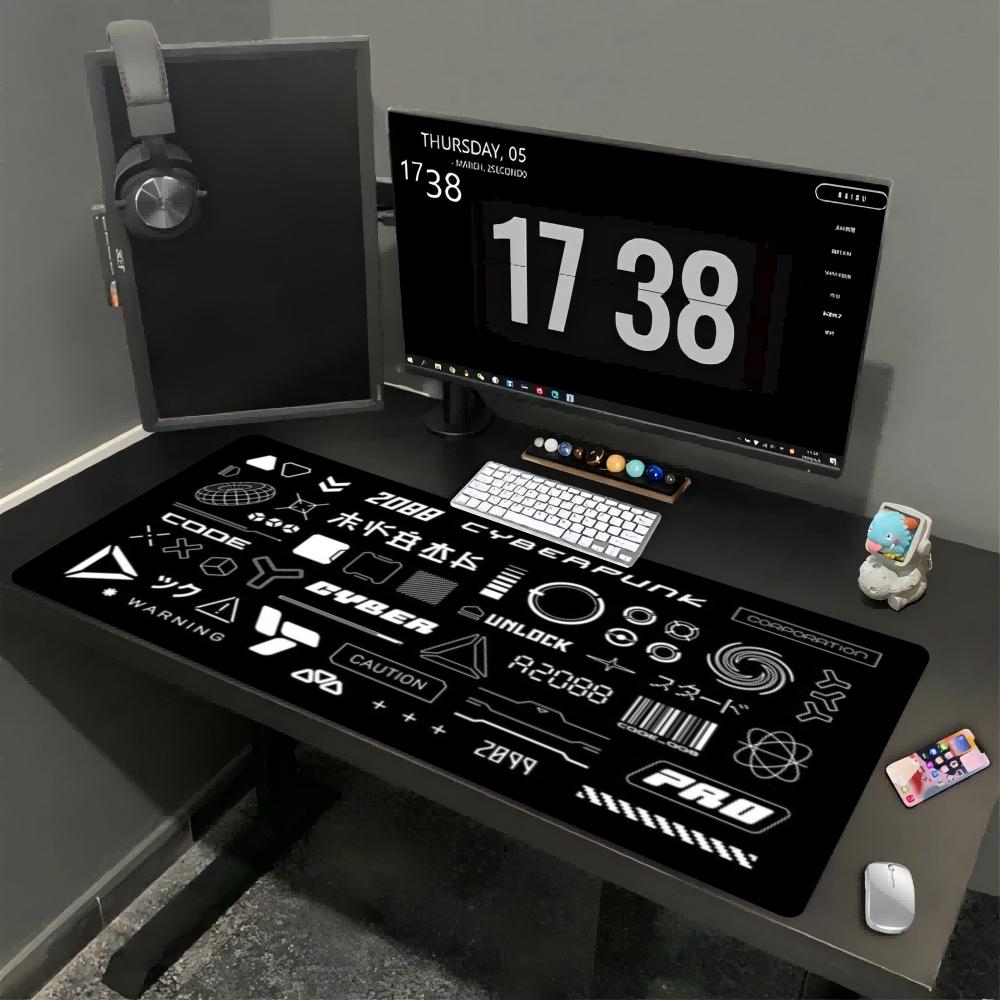 Large XXL Deskmat Cyberpunk Futuristic Tech Graphic Mouse Pad Non‑Slip Rubber Overlocked Mousepads Keyboard Table Mat Desk Mats