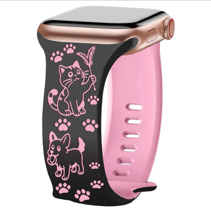 Apple New Style Cartoon Carved Silicone Watch Strap - Cute Cat & Dog Theme.