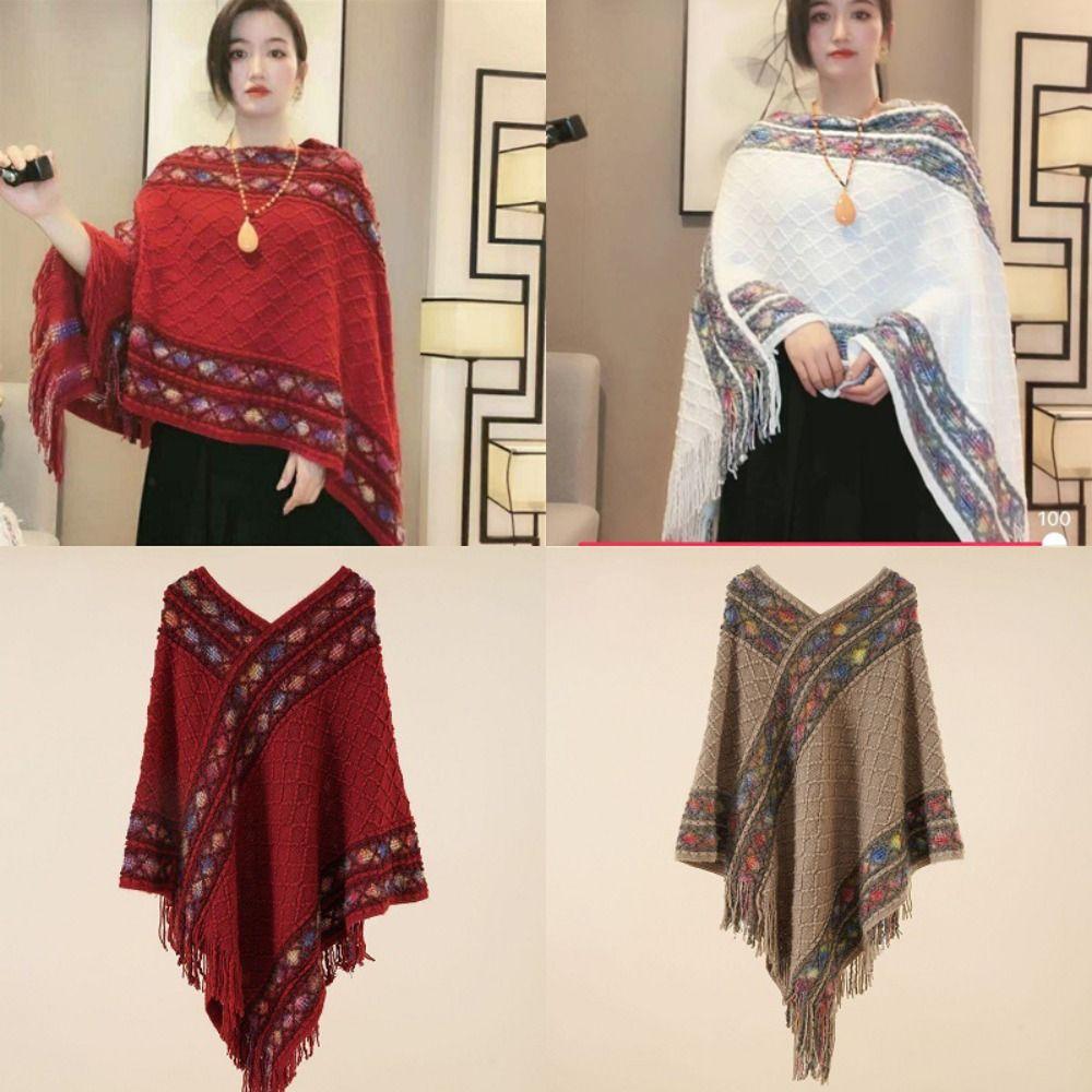 Rhombic Knitted Cape Printing Tassel Scarves Simple Imitation Cashmere Shawl  Student