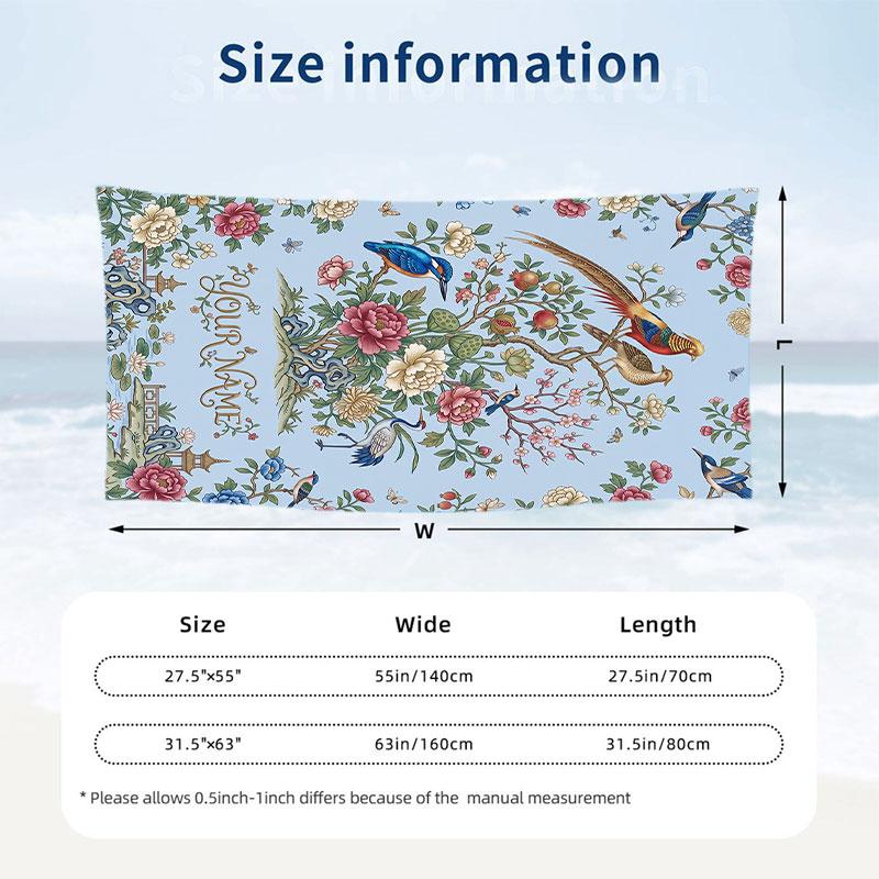 Floral Birds Artwork 1 Theme Quick Dry Beach Towel Custom Name Text Print Large Sand Resistant Towel Beach Vacation