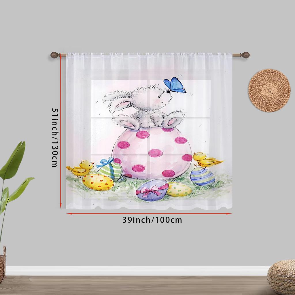 1PC Watercolor Rabbit and Easter Egg, Chick and Butterfly Patterned Gauze Curtain, Suitable for Bedrooms and Living Rooms