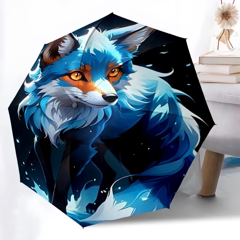 1pc Blue Fox Print Automatic Opening/Closing Umbrella with Foldable Design, Outdoor for Fans, Travelers, Daily Use - Perfect Gift for Festivals.R